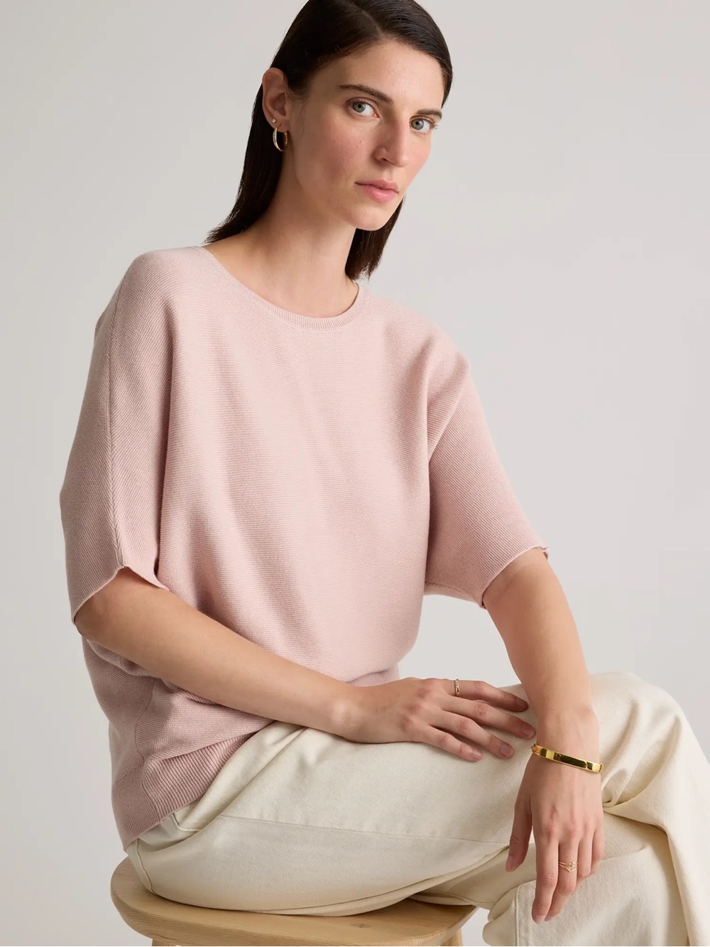 Quince Lightweight Cotton Cashmere Link-Stitch Dolman Sweater - L